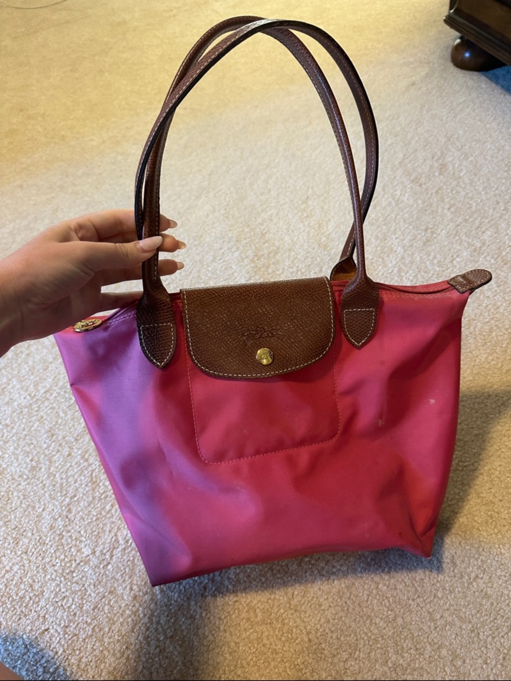 Longchamp Pink Tote with Brown Leather Trim
